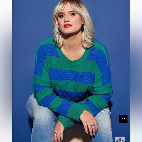 Torrid Lovesick Blue and Green Striped Skull Sweater Size 0 - Picture 3 of 6